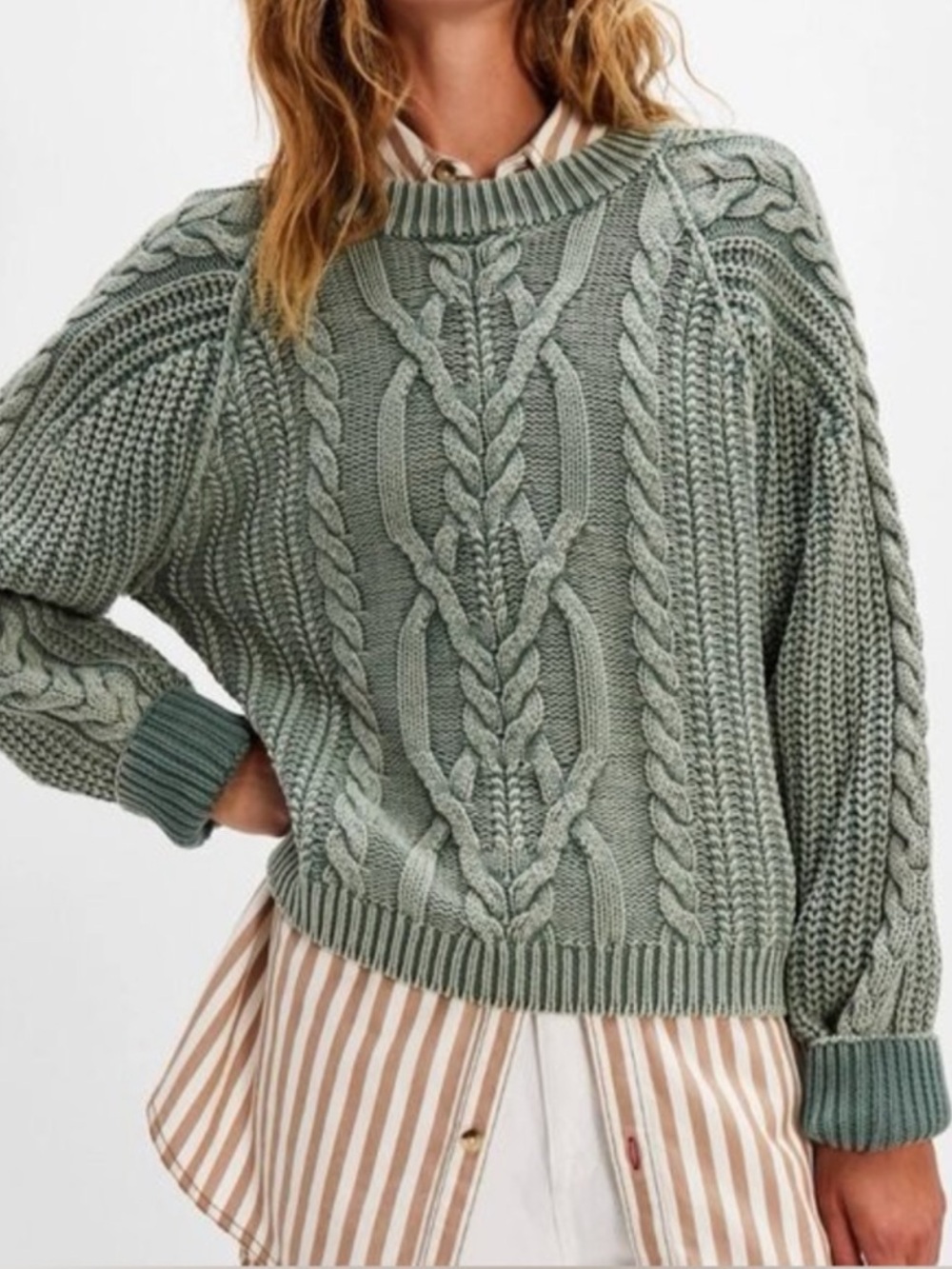 Free People Frankie Cable Sea Spray Cotton Sweater New!
